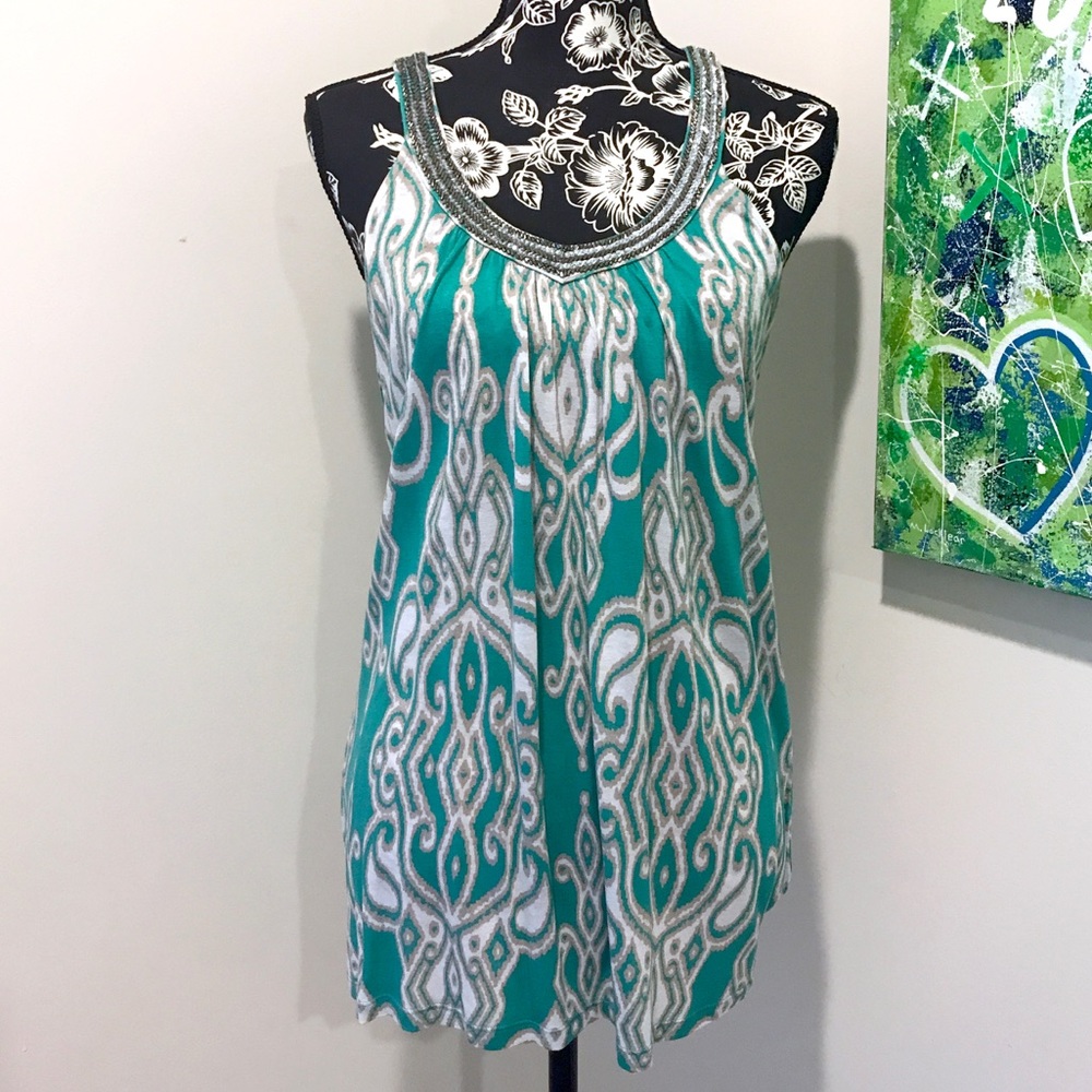 INC Sleeveless Sequin V-Neck Ikat Print